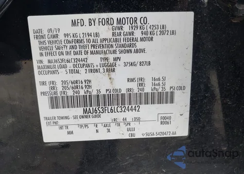 2020 Ford Ecosport S z USA, uszkodzony, nr VIN MAJ6S3FL6LC324442